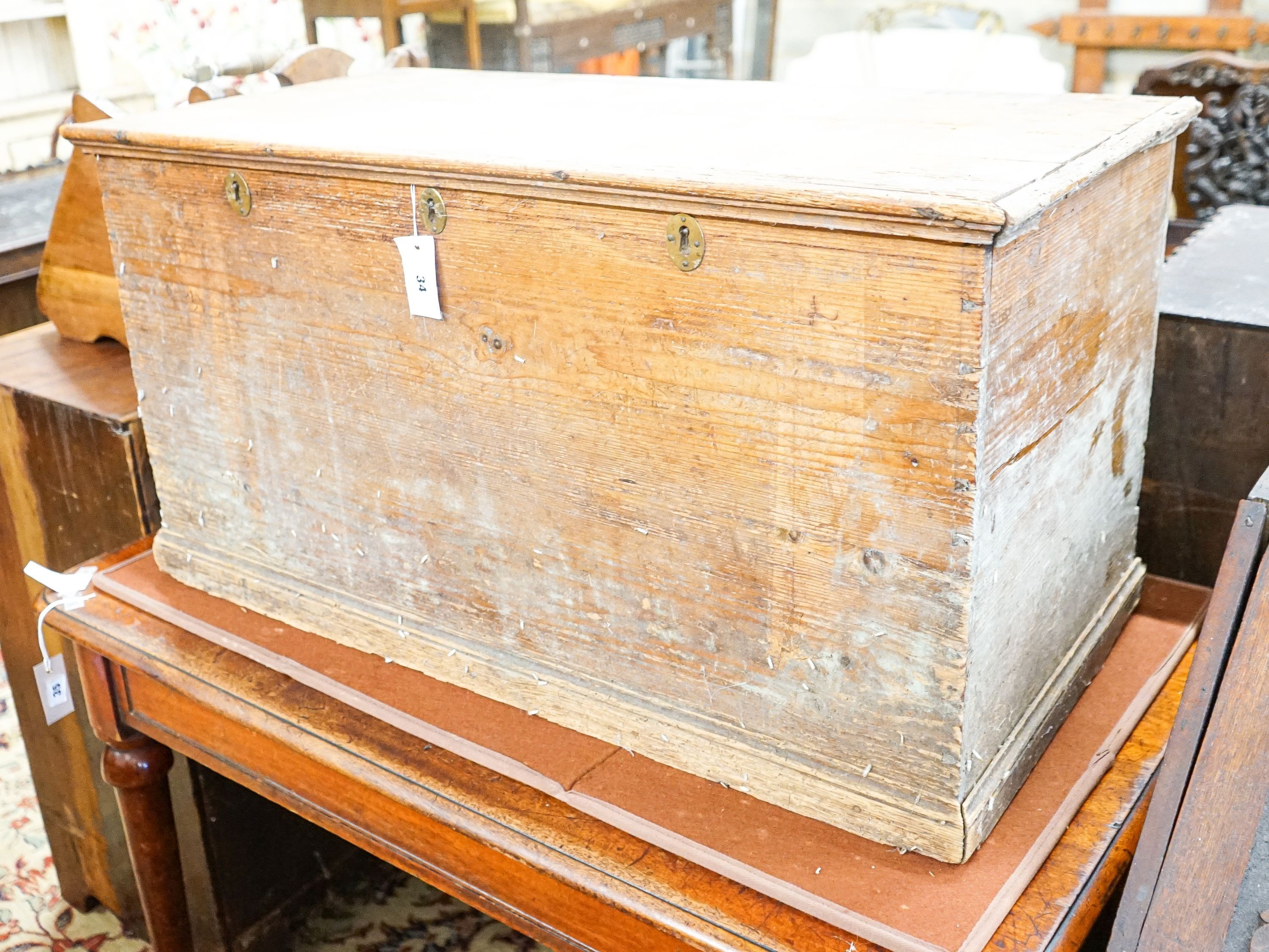 A Victorian rectangular pine trunk, length 94cm, depth 47cm, height 50cm